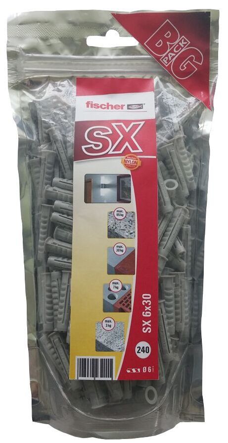 Дюбель SX 6х30 Fischer 534609 с кромкой, нейлон, 230 шт в блистере - фото