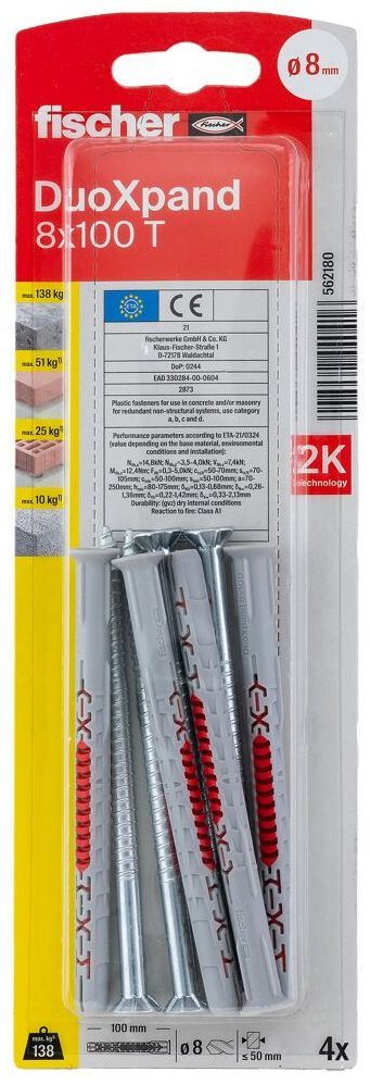 Дюбель фасадный DUOXpand 8x100 T Fischer 562180 с потайным шурупом, оцинкованная сталь, 4 шт в блистере - фото