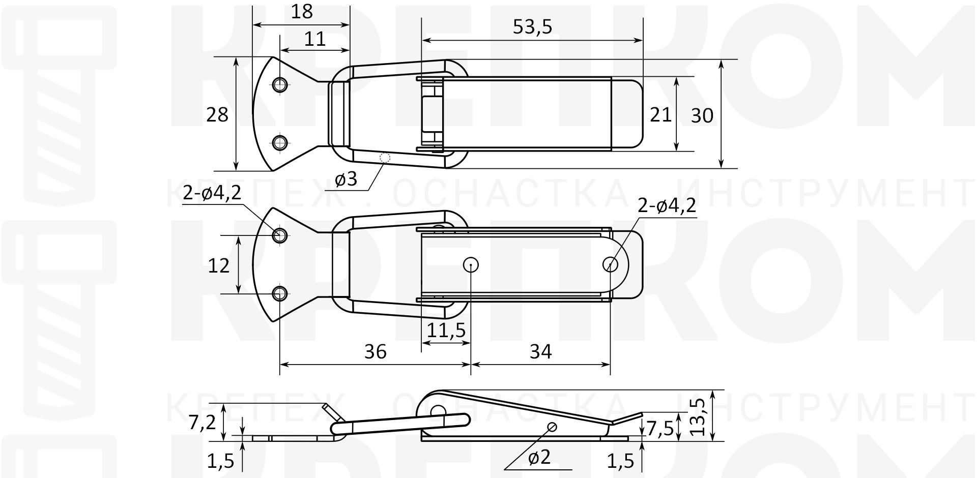 Защелка с пружиной для ящиков, кейсов L=67 B316C, нержавеющая сталь А2 - фото