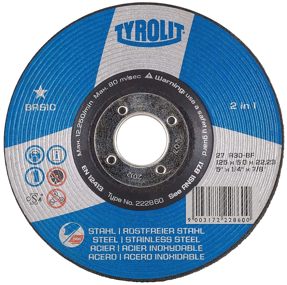 Изображение товара Шлифовальный диск 2в1 по металлу и нержавейке 125x6x22,2 мм Tyrolit Basic