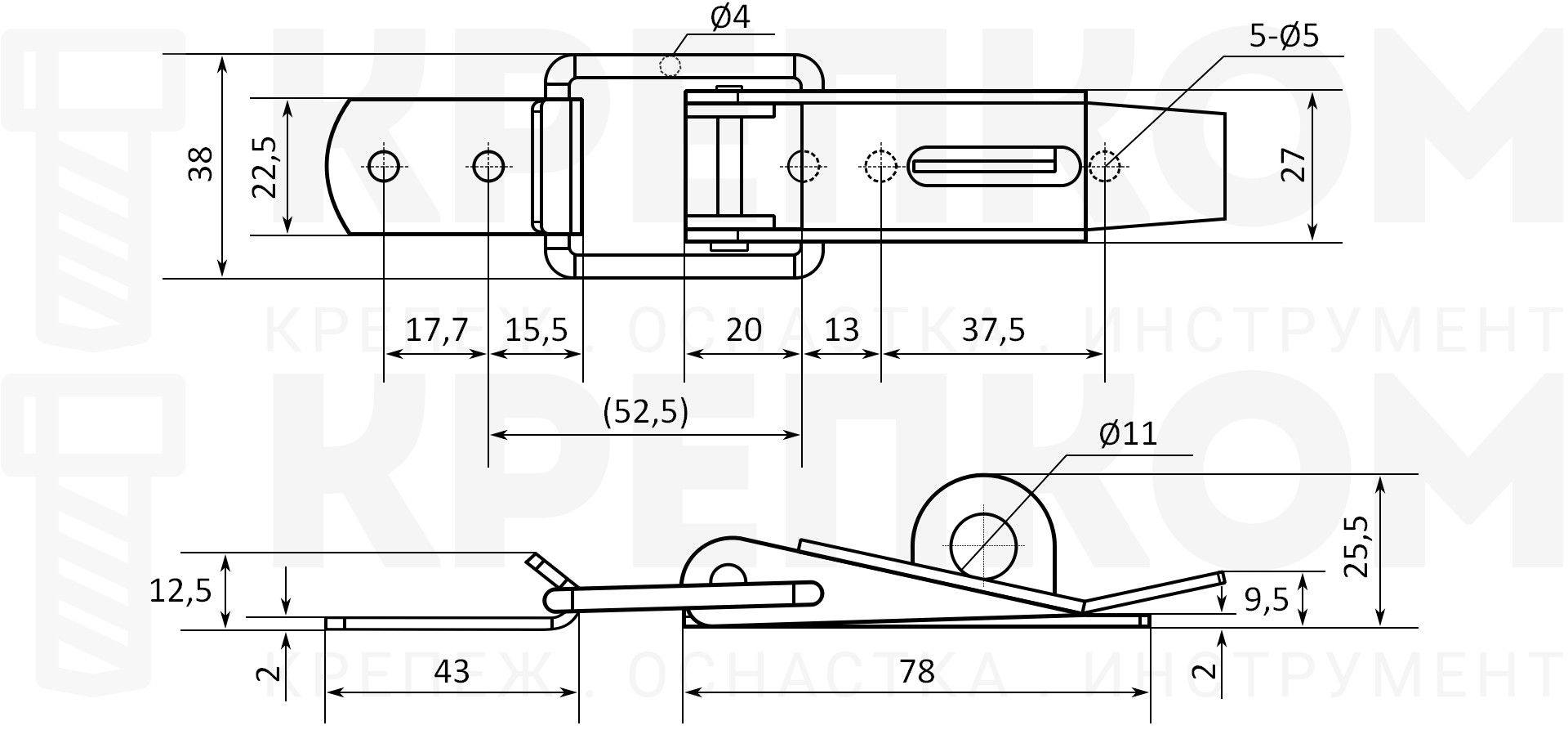 Замок-защелка лягушка с ушком L=95 B29, желтый цинк - фото