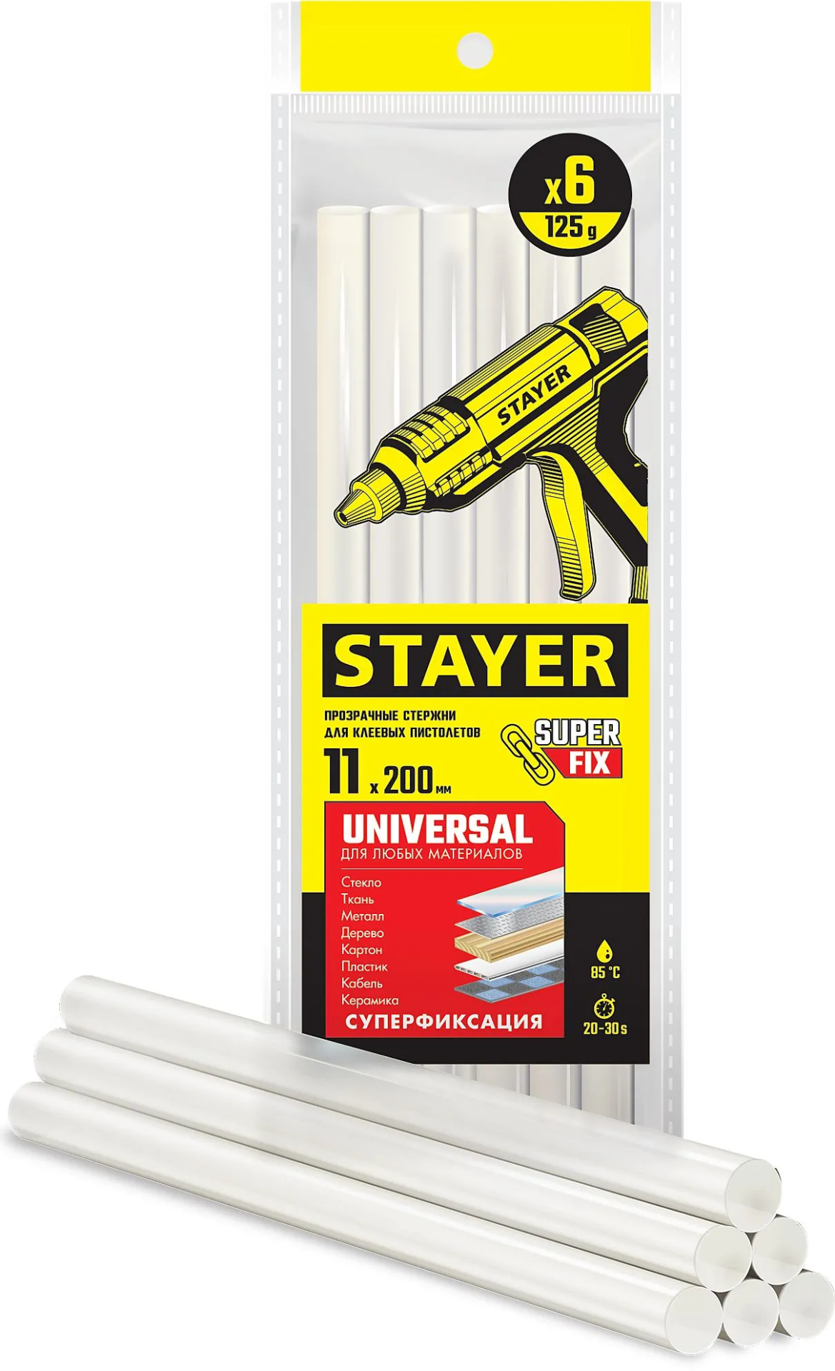 Изображение товара Стержни клеевые 11х200 мм универсальные Universal Stayer Prof 2-06821-T-S06, прозрачные, 6 шт Изображение товара Стержни клеевые 11х200 мм универсальные Universal Stayer Prof 2-06821-T-S06, прозрачные, 6 шт