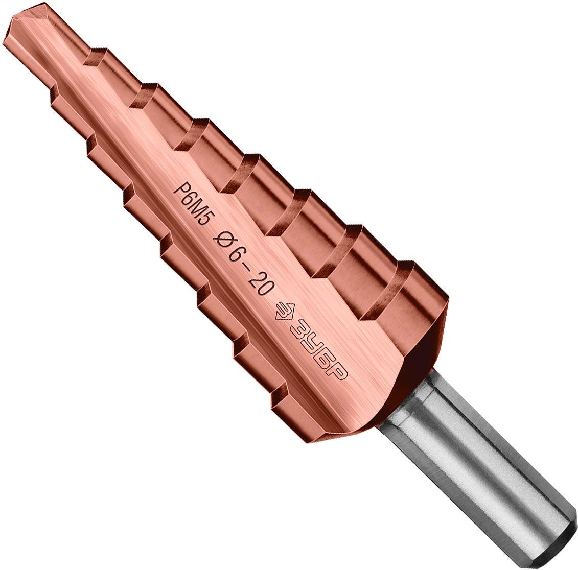 Сверло по металлу ступенчатое 6-20 мм, 8 ступеней Кобальт, 3Т хвостовик ЗУБР 29672-6-20-8_z01, сталь Р6М5 - фото