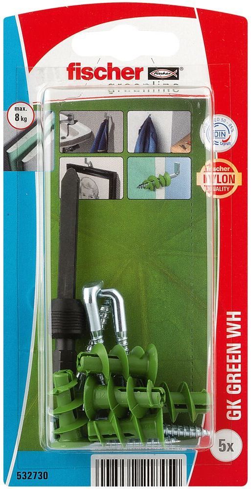 Дюбель для гипсокартона с Г-образным шурупом GK Green WH Fischer 532730, зелёный нейлон, 5 шт в блистере - фото