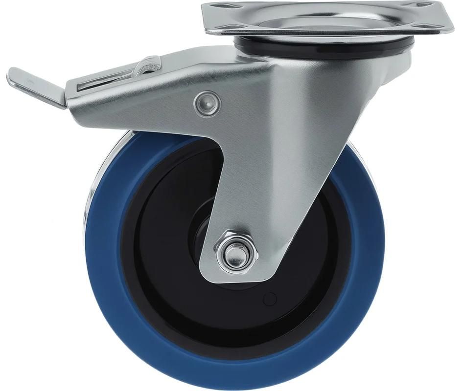 Колесо из синей резины с площадкой и тормозом, поворотное 125 мм SCLB 55 - фото