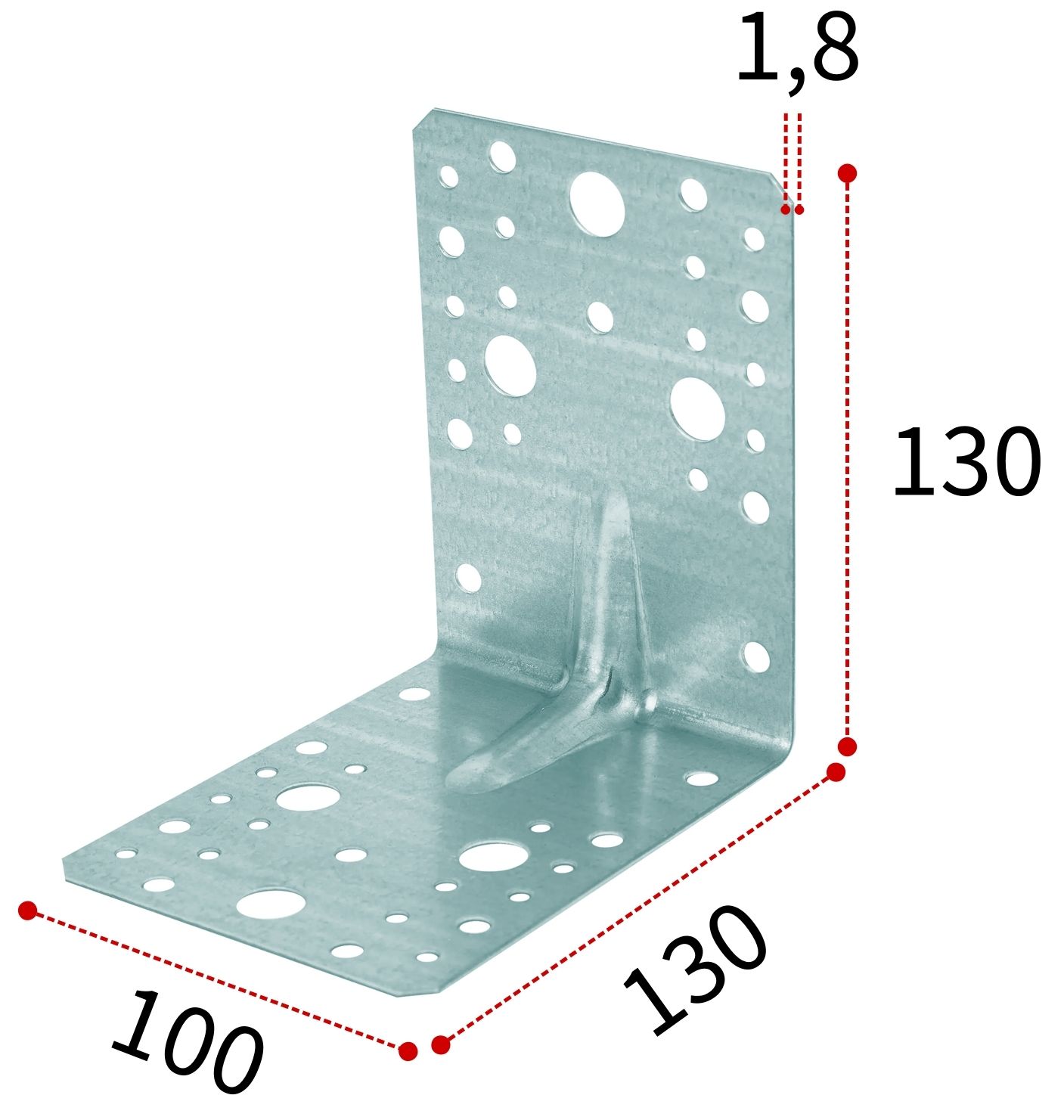 Уголок крепежный усиленный 130х100х1,8 мм KUU, оцинкованная сталь - фото