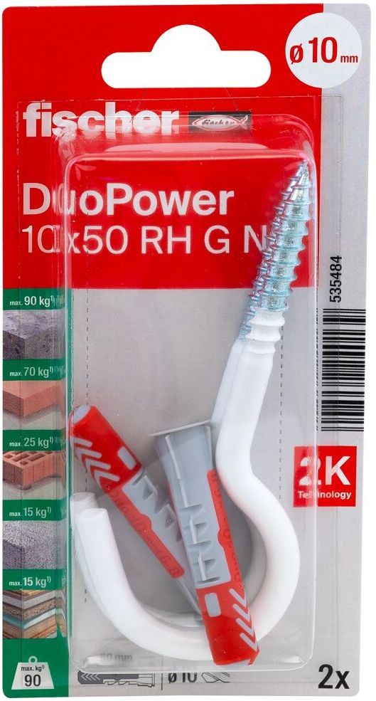 Дюбель 10х50 с круглым крючком с нейлоновым покрытием RH G Fischer DUOPOWER N K NV 535484, нейлон, 2 штуки в блистере - фото