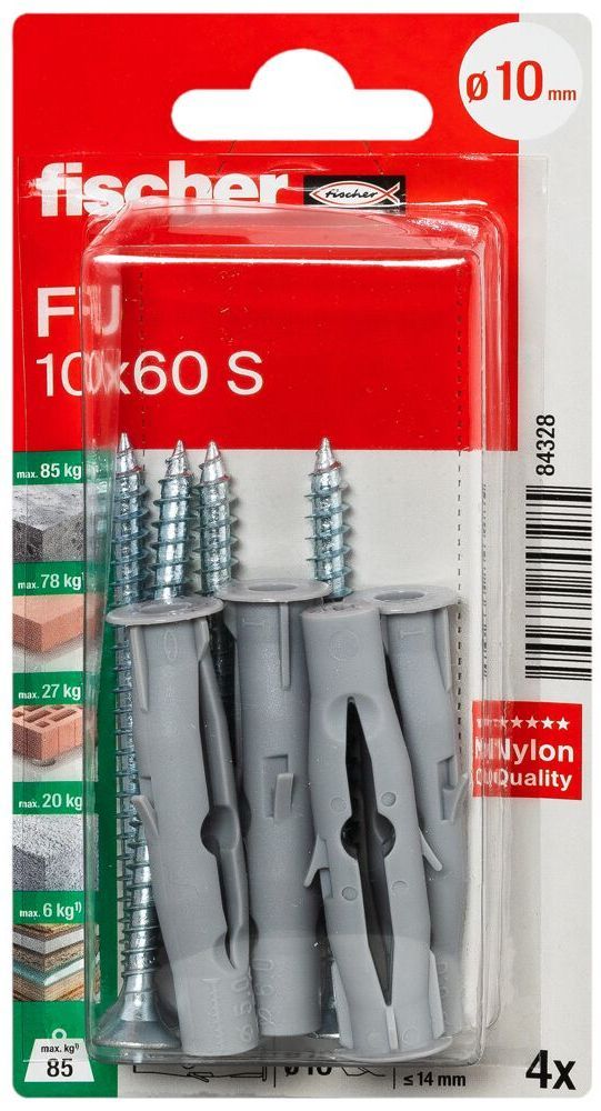 Универсальный дюбель FU 10x60 S с шурупом Fischer 084328, нейлон, 4 шт в блистере - фото