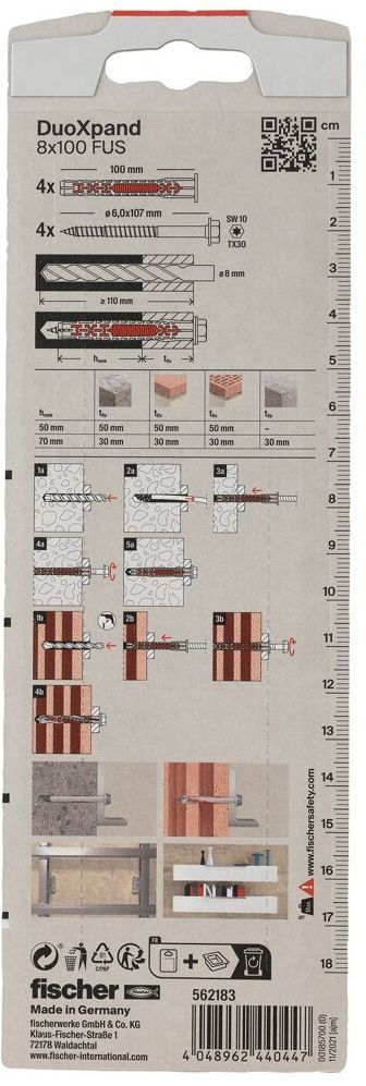 Дюбель фасадный DUOXpand 8x100 FUS Fischer 562183 с шестигранным шурупом и фланцем, оцинкованная сталь, 4 шт в блистере - фото