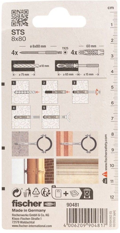 Шпилька сантехническая STS 8х80+универсальный дюбель UX Fischer 090481, 4 штуки в блистере - фото
