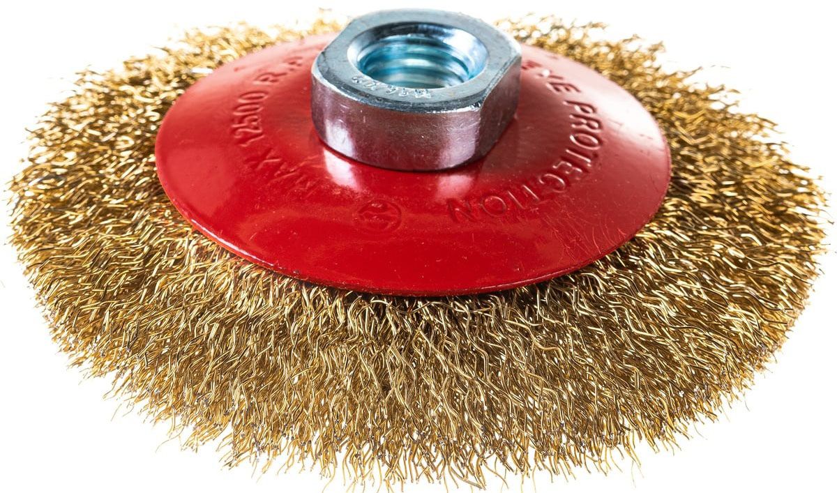 Корщетка-колесо с наклоном для УШМ 100 мм М14, латунированная проволока, FIT 39050 - фото