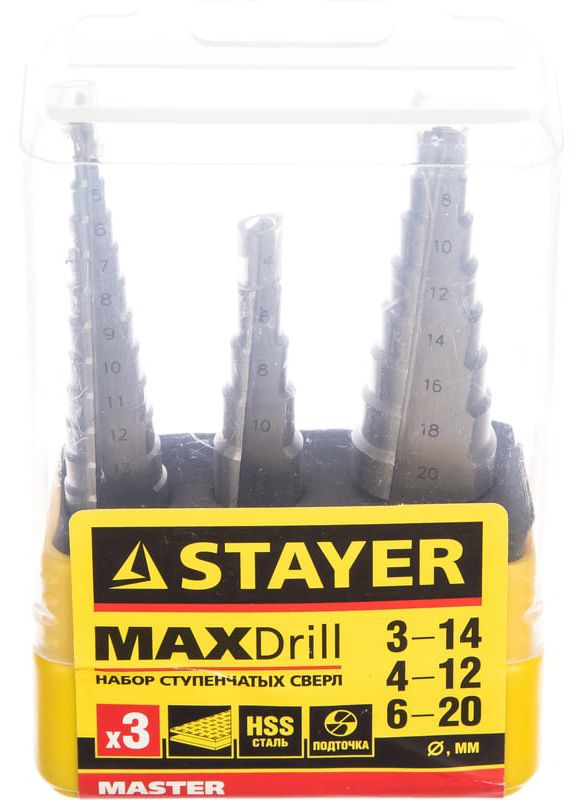 Набор сверл ступенчатых 3-20 мм Max Drill Stayer 29660-3-20-H3, 3 шт - фото