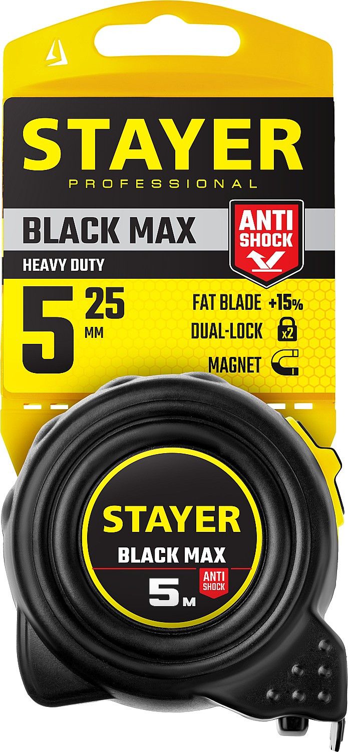Рулетка измерительная ударостойкая Stayer Black Max, 2 фиксатора - фото