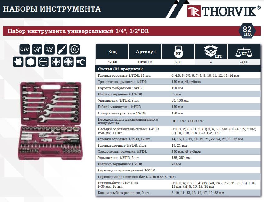 Набор инструмента 1/4", 1/2" DR Thorvik TS082, 82 шт - фото