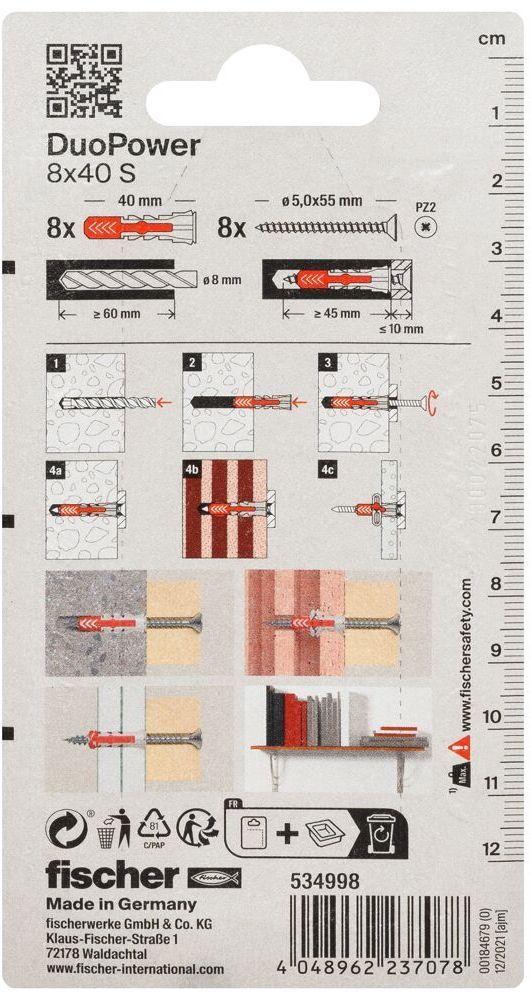 Дюбель 8x40 с шурупом S Fischer DUOPOWER K NV 534998, нейлон, 8 штук в блистере - фото