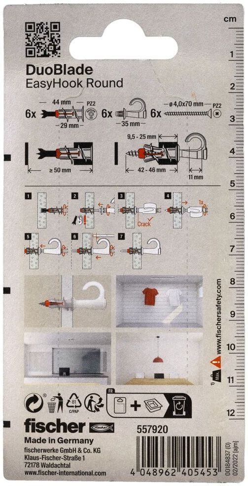 Дюбель для гипсокартона Fischer DuoBlade 557920, с винтом и круглым крюком EasyHook Round, 6 шт в блистере - фото