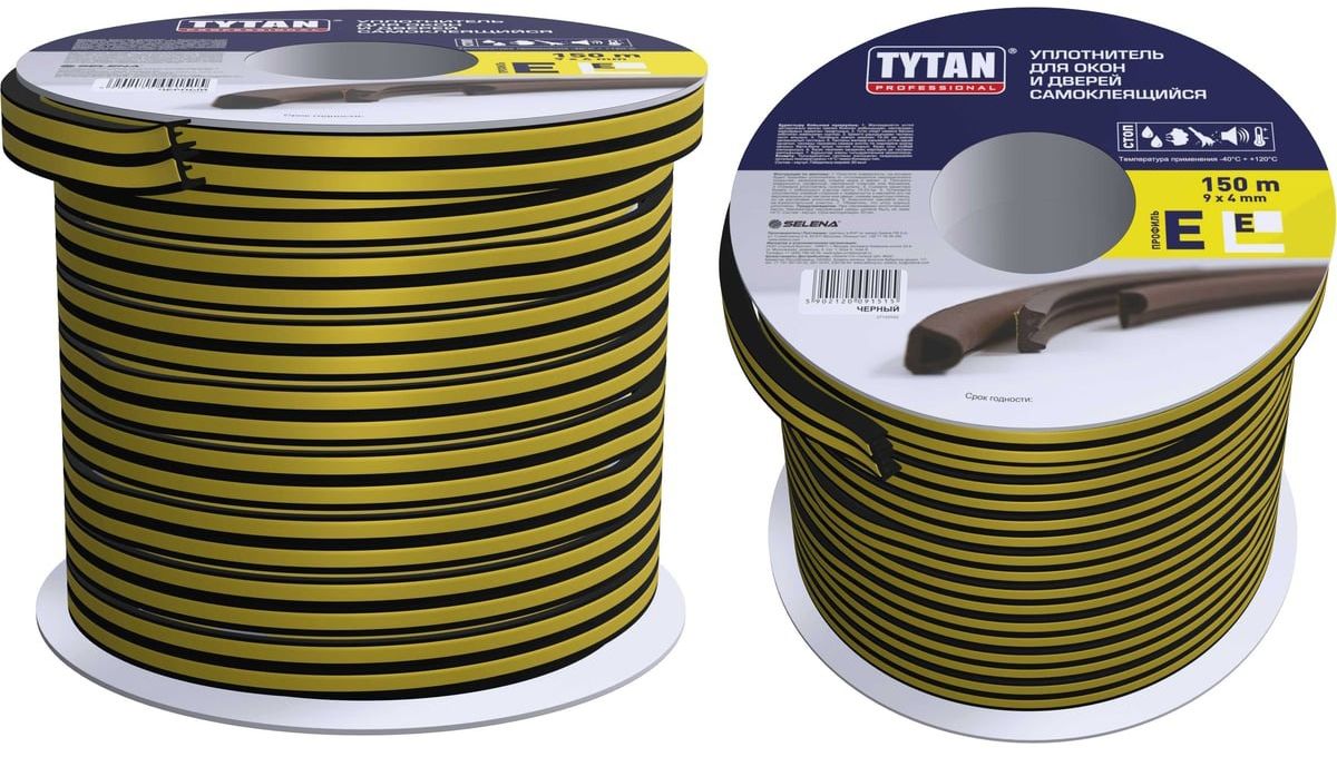 Уплотнитель самоклеящийся для окон и дверей 9х4 мм, 150 м E-профиль TYTAN Professional 91515, черный - фото
