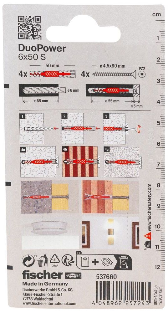 Дюбель 6х50 с шурупом S Fischer DUOPOWER K NV 537660, нейлон, 4 шт в блистере - фото