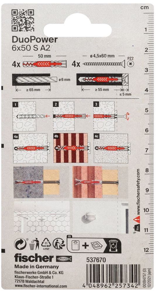 Дюбель 6x50 с шурупом из нержавеющей стали A2 S Fischer DUOPOWER K NV 537670, нейлон, 4 штуки в блистере - фото