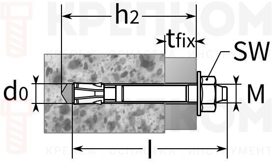 Анкер fischer с резьбой и фланцевой гайкой - схема, чертеж