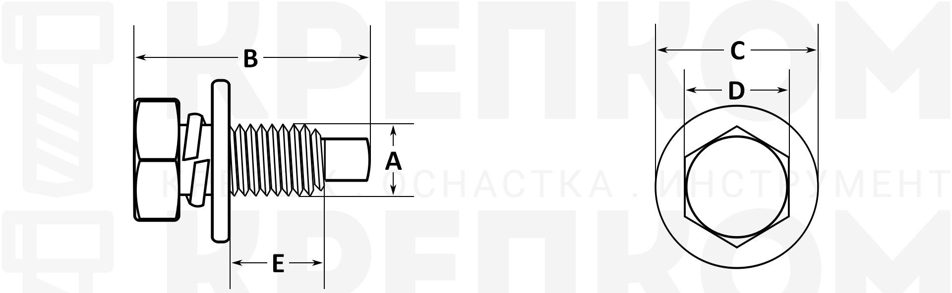 Болт шестигранный М6х1х16 мм с шайбой и гровером - схема, чертеж