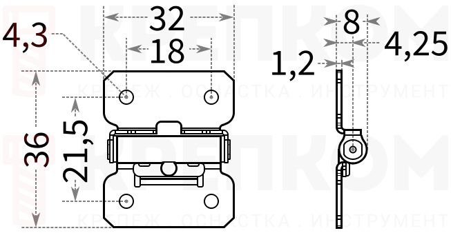 Петля динамометрическая 32х36 мм, L312С-2 - чертеж с размерами