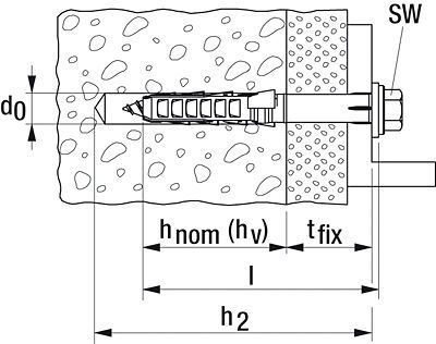 Дюбель фасадный Fischer SXR-FUS с шестигранной головкой и фланцем - схема