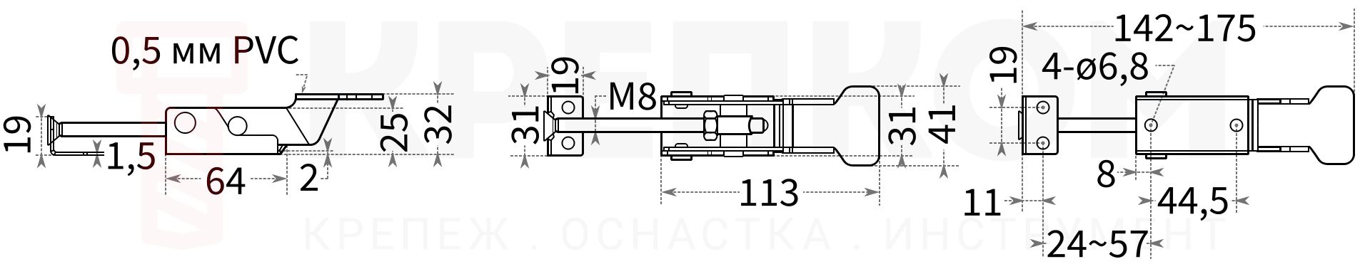Замок регулируемый натяжной L=142-175 мм с винтом B05C-3-T - чертеж с размерами