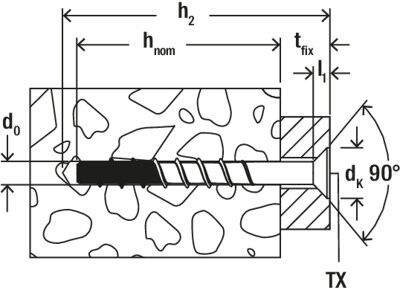 Шуруп по бетону c потайной головкой Fischer FBS II SK R - схема, чертеж