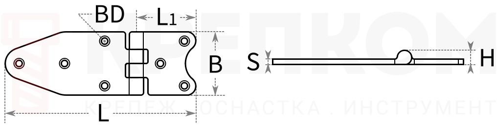 Петля ассиметричная 8429 тип B 129х40мм - схема, чертеж