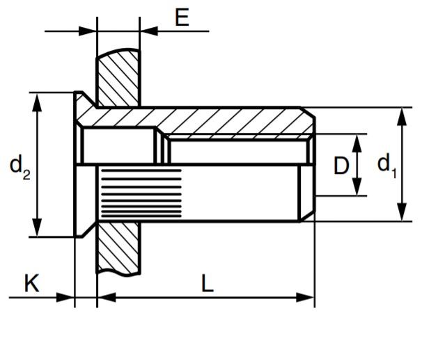 Резьбовая заклепка с потайным бортиком и насечкой - схема