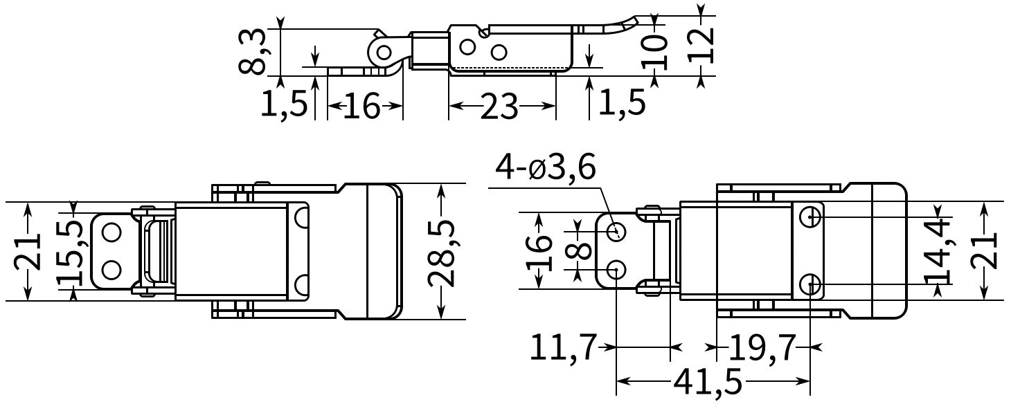 Замок-защелка L=23 B42C-2, размеры, схема