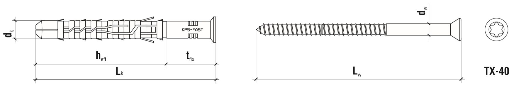 Дюбель-шуруп с потайной головкой и шлицем TX40 Wkret-met KPS - схема