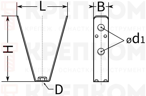 Кронштейн V-образный высотой 100 мм c гайкой М8 для профнастила - схема, чертеж