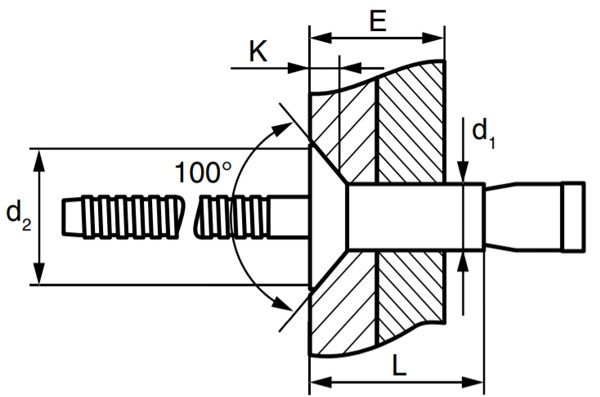 Заклепка вытяжная сталь/сталь с потайным бортиком 100°, усиленная схема