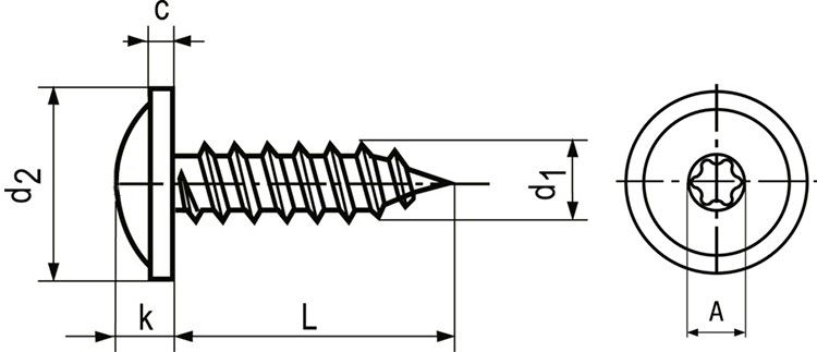 Саморез с прессшайбой и полукруглой головкой ~DIN 968 C, шлиц Torx - чертеж схема