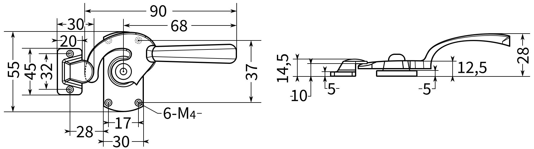 Ручка-защелка дверная L=90, N12C-6R - схема и размеры