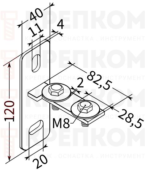 Фланец торцевой поперечный 28 4F2 М8 TERMOCLIP - схема, чертеж