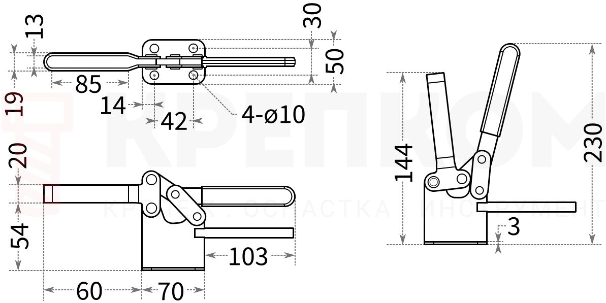 Прижим рычажный L=230 мм (311XMI) - размеры