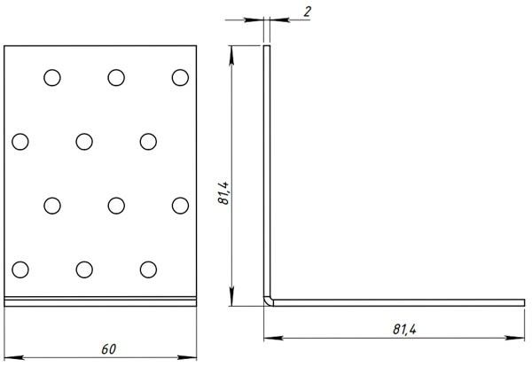Уголок крепежный 80х80х60 мм - схема, чертеж