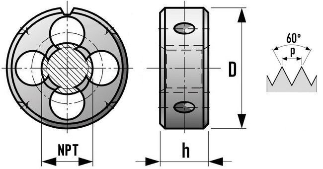 Плашка круглая трубная коническая резьба NPT HSS DIN EN 22568 (DIN 223) GSR - чертеж