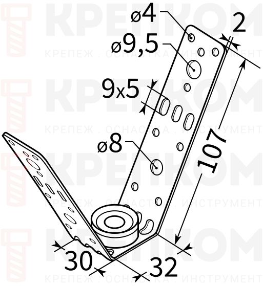 Кронштейн V-образный с виброгасителем 2F TERMOCLIP - схема, чертеж