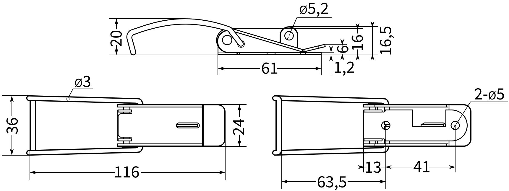 Защелка натяжная с ушком L=116 B26, схема и размеры