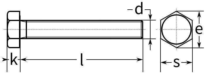 Шестигранный болт с полной мелкой резьбой DIN 961 (ISO 8676) - схема