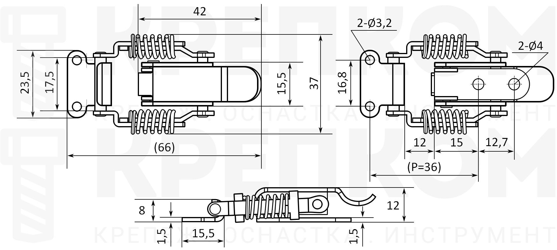 Замок-защелка натяжной L=66 B78C, схема с размерами