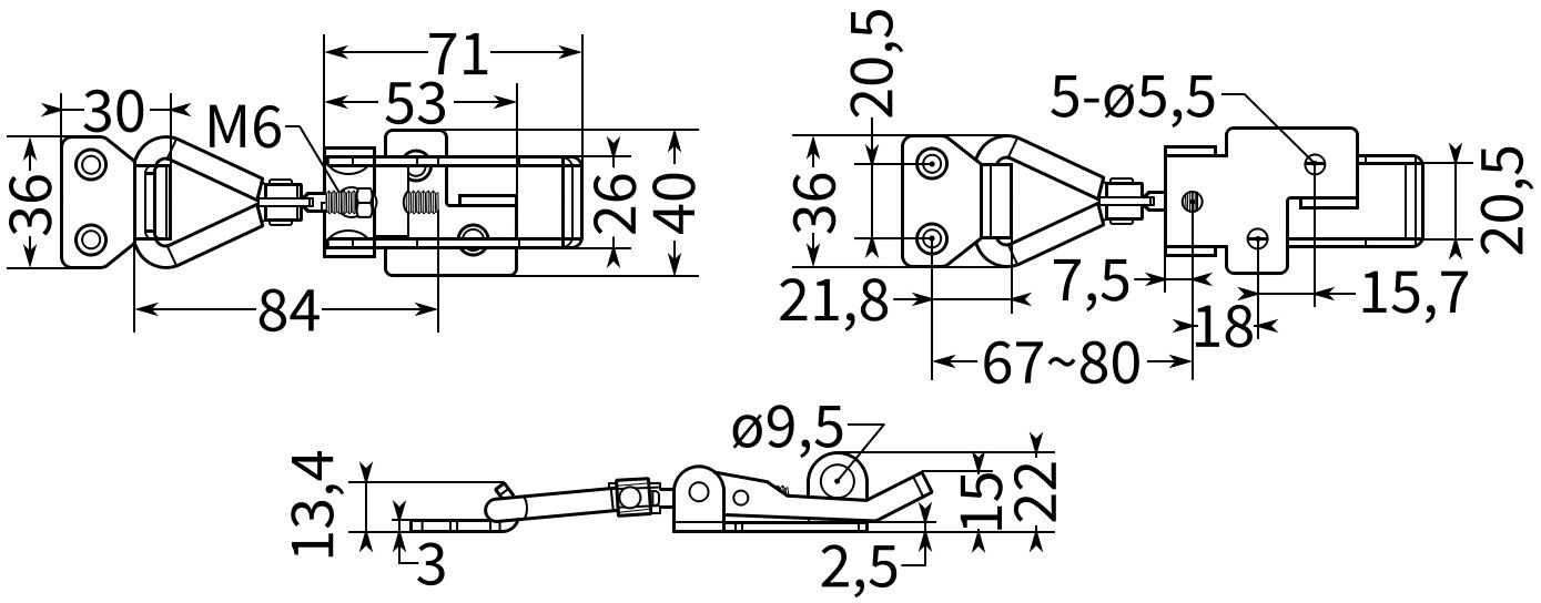 Замок регулируемый натяжной с ушком L=67-80 мм (5117), размеры