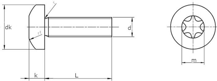 Винт с полукруглой головкой и шлицем Torx ISO 14583 (DIN 7985)- СХЕМА