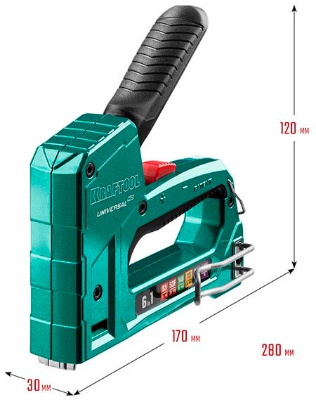 Степлер 6-в-1: 53, 23GA, 140, 20GA, 13/53F/300/500 Universal-HD Kraftool 3188 - размеры