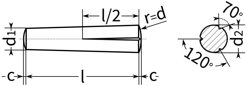 Конический штифт DIN 1471 с тремя насечками на половину длины - чертеж