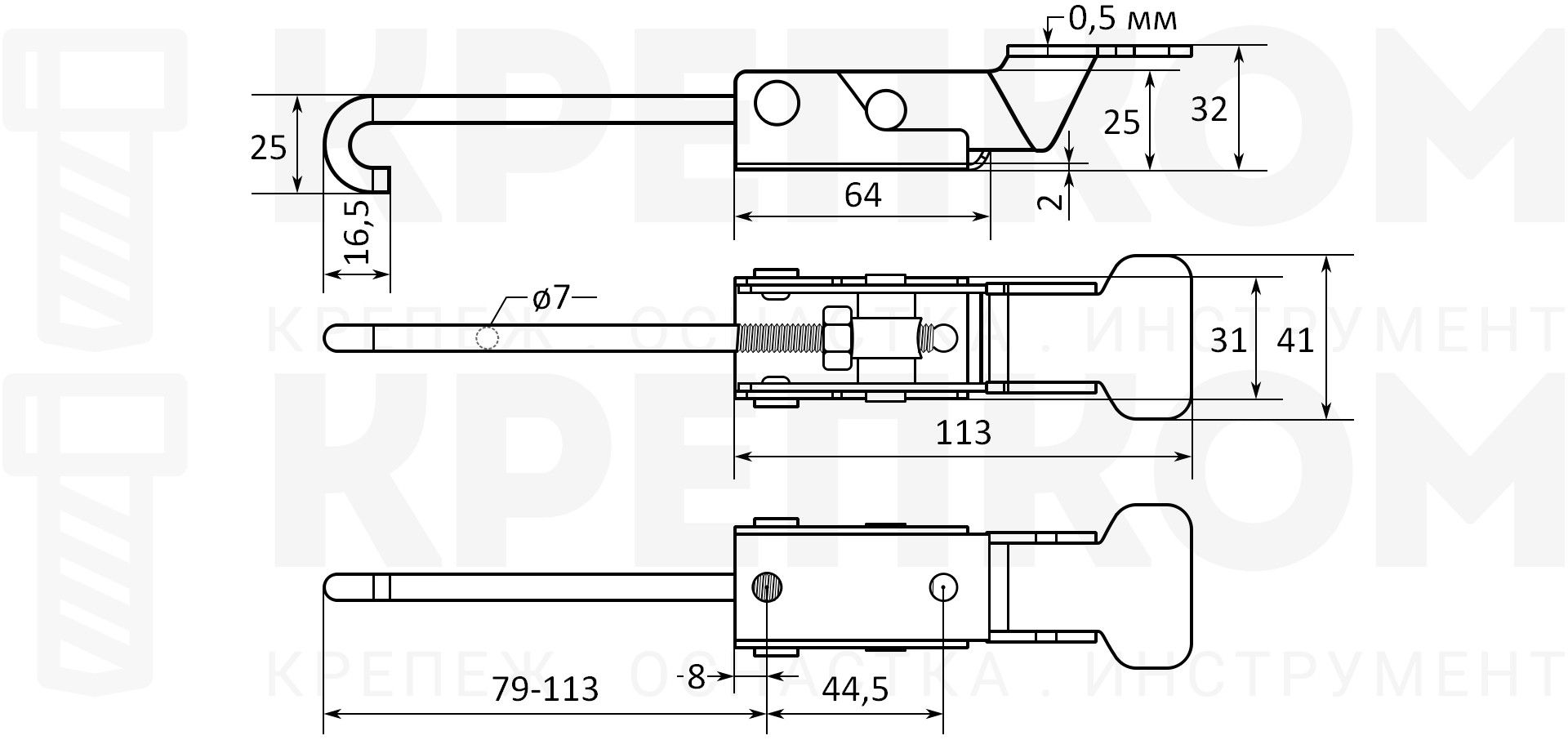 Замок регулируемый с крюком L=79-113 мм B04C схема с размерами